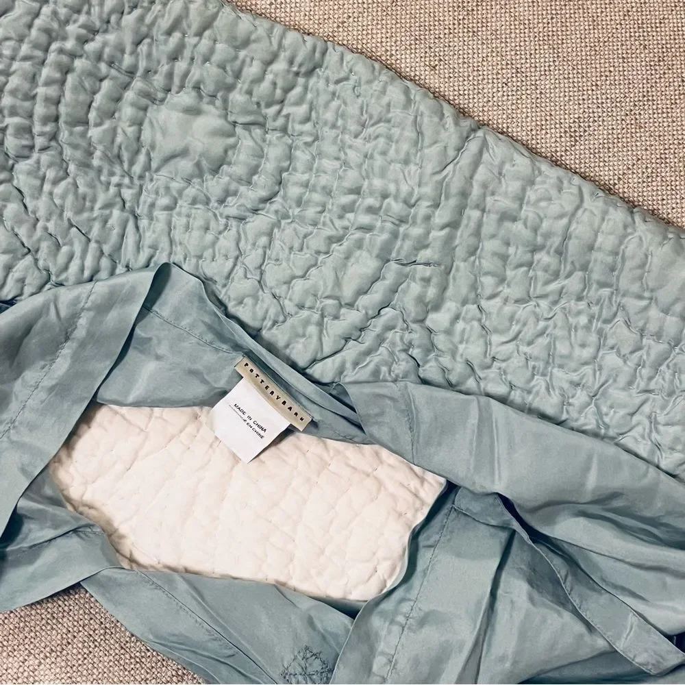 Pottery Barn SILK Standard Sham Quilted Blue Cream Tie Ribbon Closure